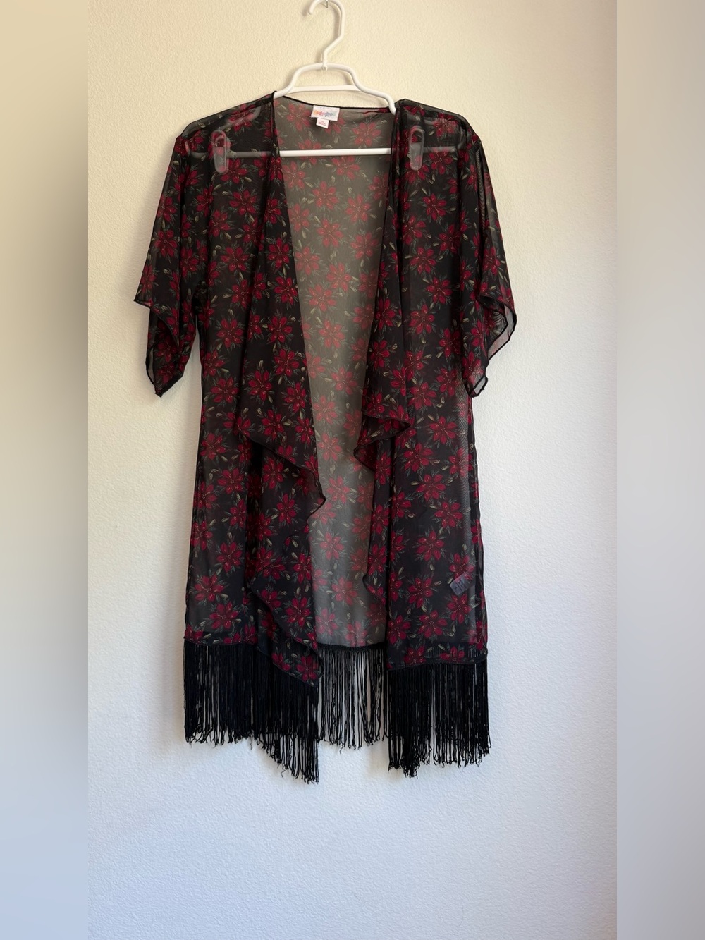 LuLaRoe Black Sheer Floral Kimono with Red Flowers